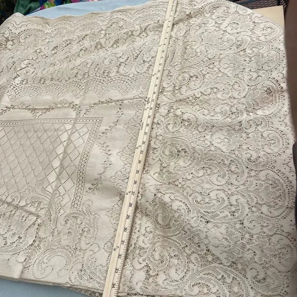 Vintage Pennicraft cream tan colored lace table cloth rectangle 84” x 64”.